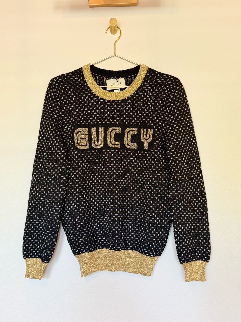 Gucci Black & Gold 'Guccy' Logo Crewneck Sweater - Unisex
